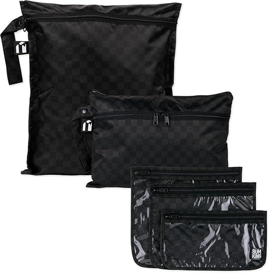 Bumkins and Roamio Waterproof Wet Bag, Wet/Dry Clutch & Clear Travel Bags - For Beach, Baby, Travel, Cloth Diapers, Pump Parts, Pool, Gym, Toiletries - Reusable & Easy to Clean - Black Check - 5 Pack