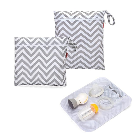 Damero Breast Pump Parts Bag, 2Pack Wet Bag for Breast Pump Parts Storage with Waterproof Mat, Gray Chevron