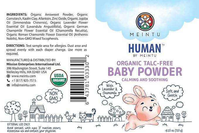 MEINTU Organic Baby Powder Talc Free- Calming and Soothing Cornstarch Baby Powder with Lavender and Chamomile- Skin Nourishing Powder for Newborn- Non GMO Lavender Scent- 4.25 Oz