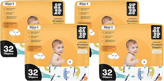 Hello Bello Premium Baby Diapers Size 1 I 32 Count of Disposable, Extra-Absorbent, Hypoallergenic Baby Diapers with Snug and Comfort Fit I Sleepy Sloth (Pack of 4)