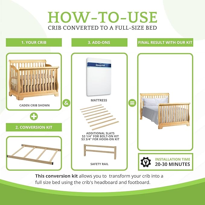 Full-Size Conversion Kit Bed Rails Compatible with Simmons Kids Convertible Cribs by Delta Children - Solid Wood - Toddler and Adult Bed Rail for Full-Size - Baby Furniture (Unfinished, BOLT-ON KIT)