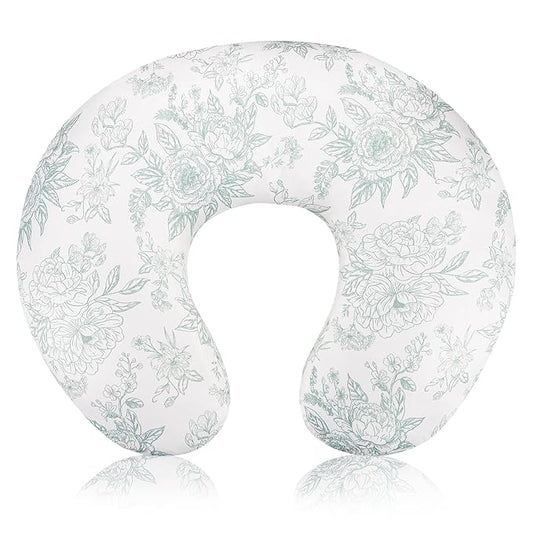 Nursing Pillow Cover, Removable Nursing Covers for Breastfeeding Pillows, Stretchy and Soft Fit for Baby Girls Boys Newborn, Green Flower (Only Cover)
