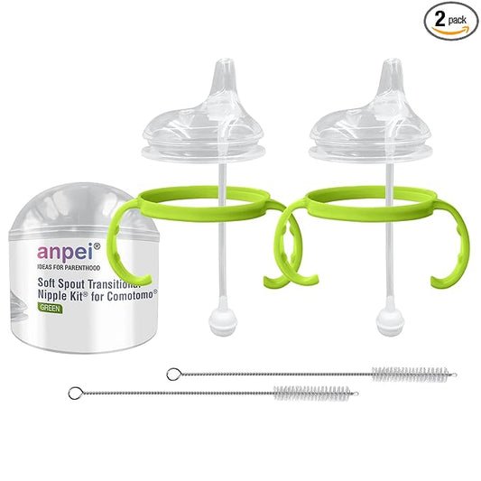 Sippy Cup Soft Spout Transitional Nipple Kit Bundle Compatible with Comotomo Baby Bottles, 5 oz and 8 oz | Value Bundle 2 Kits + Brushes (Green)
