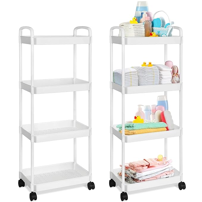 Barydat Baby Diaper Cart 4-Tier Movable Diaper Caddy Organizer Rolling Plastic with Wheels White Essentials Baby Storage Organizer for Hanging Table Crib Bedroom Bathroom