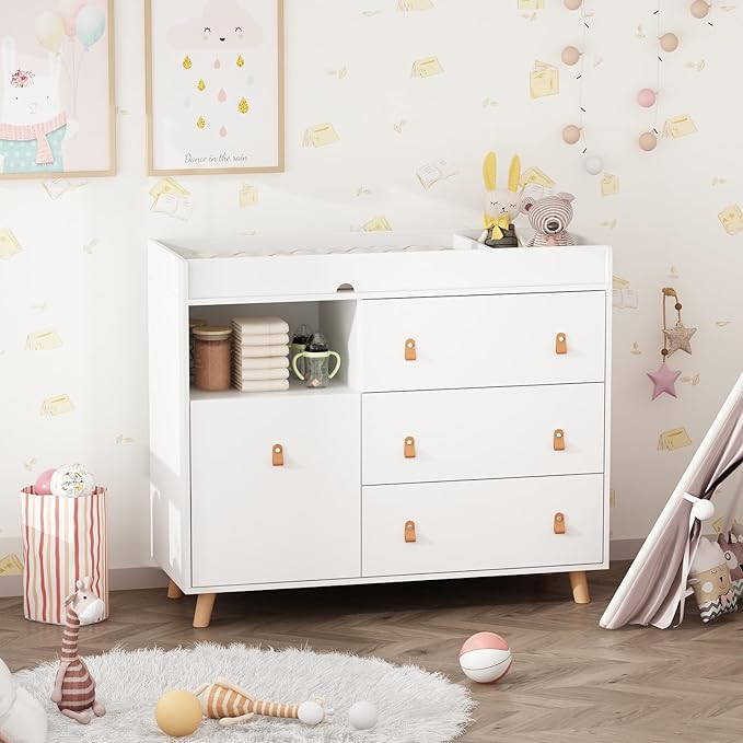 Lovinouse Baby Changing Table Dresser, Premium Nursery Dresser with 3 Drawers, Diaper Changing Station Table for Boys and Girls (4 Drawers)