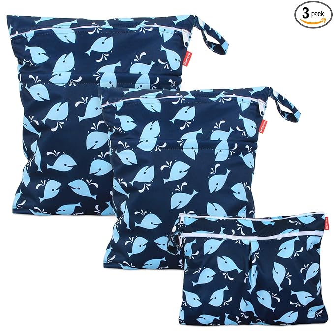 Damero 3Pcs Wet Dry Bag with 2 Zippered Pockets and Snap Handle for Cloth Diaper, Swimsuit, Clothes, Ideal for Travel, Exercise, Daycare, Roomy and Water-resistant (Whale)