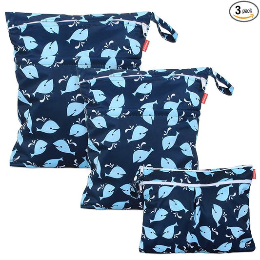 Damero 3Pcs Wet Dry Bag with 2 Zippered Pockets and Snap Handle for Cloth Diaper, Swimsuit, Clothes, Ideal for Travel, Exercise, Daycare, Roomy and Water-resistant (Whale)