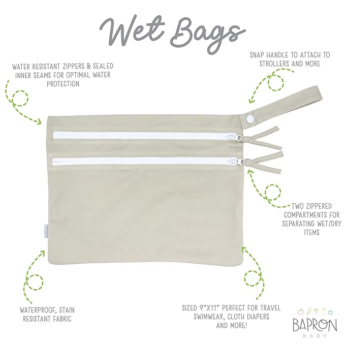 BapronBaby Minimalist Champagne Wet Dry Bag - Waterproof Two Zipper Pockets - Reusable for Mealtime, Diapers, Stroller, Snacks, Swimsuits - Machine Washable - 11" x 9"