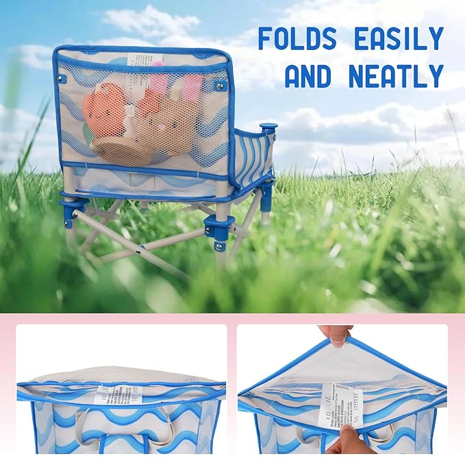 Tiny Marvels 3-in-1 Portable Baby Chair, Foldable Booster Seat with Removable Tray, Safety Harness & Carry Bag for Dining, Travel, Camping, Beach, 6M-3Y (Big Waive)