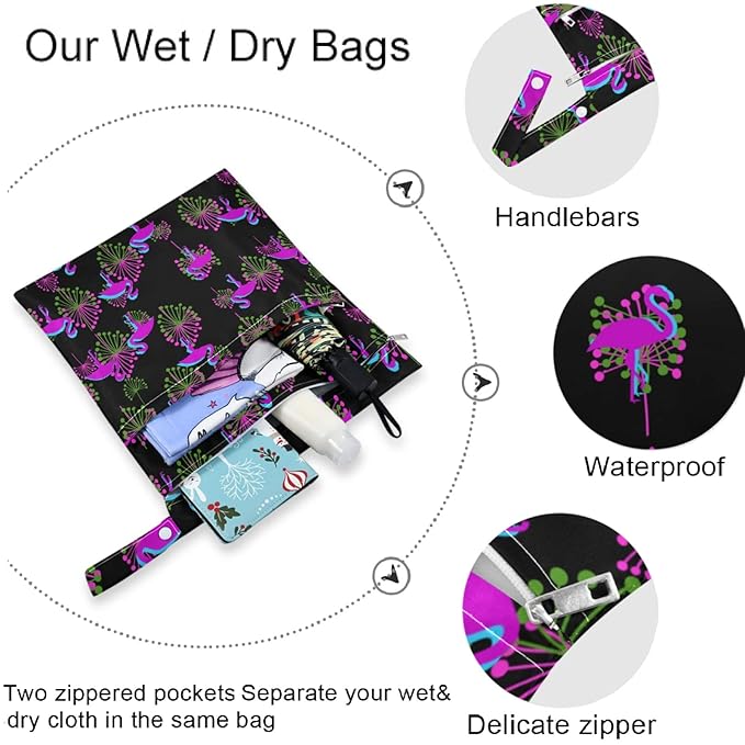 visesunny Purple Flamingo Tropical Pattern 2Pcs Wet Bag Washable Reusable Roomy for Travel,Beach,Pool,Daycare,Stroller,Diapers,Dirty Gym Clothes, Wet Swimsuits, Toiletries