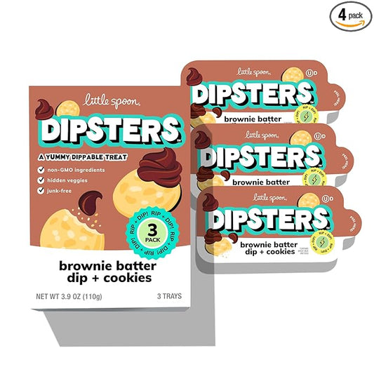 Little Spoon Brownie Batter Dip + Cookies Dipster, Big Kid Favorite Dunking Snack with Hidden Veggies, Organic Oats, Purple Sweet Potato & Spinach, Maple Sweetened, Non-GMO, 2g Plant Protein, 3 Trays per Pack, Total of 12 Trays