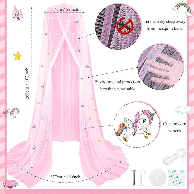 Stars Glow in The Dark Bed Canopy for Girls Unicorn Room Decor - Pink Bed Canopy Crib Mosquito Net Fluorescent Mosquito Net Hanging