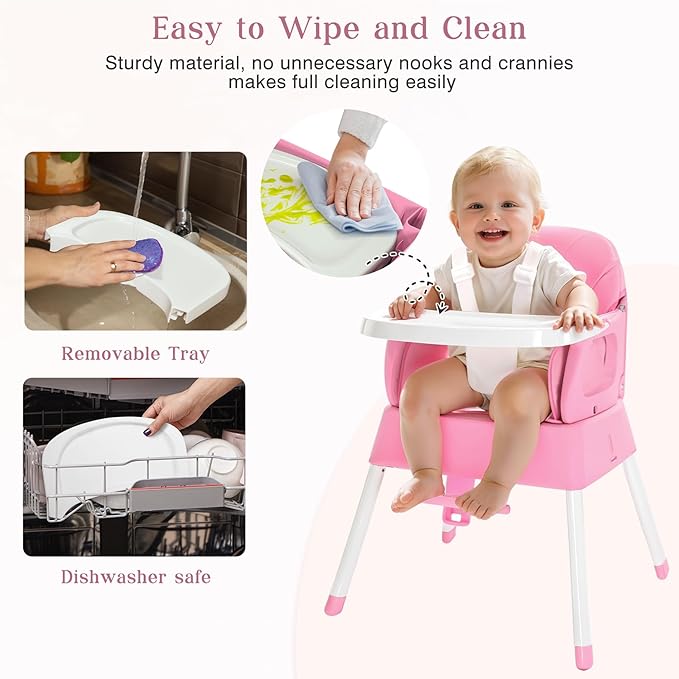 5 in 1 Foldable Baby High Chair,Convertible Highchair for Babies and Toddlers-Portable Infant Booster Seat,Carry Small Box,Dining Chair,Toddler High Chair with 5-Point Harness,Removable Tray-Pink