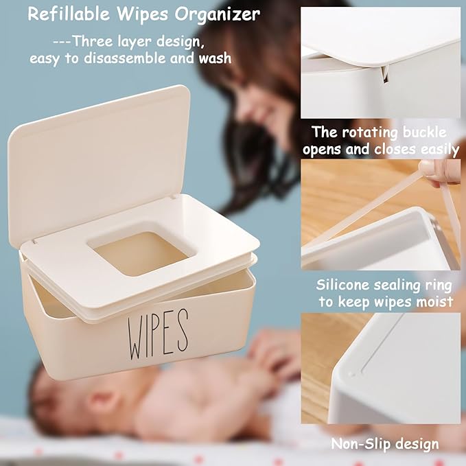 Sleek Baby Wipes Dispenser Easy to Access Bathroom Flushable Butt Wipes Container Holder Refillable,7.28" L x 4.80" W x 2.75" H (White)
