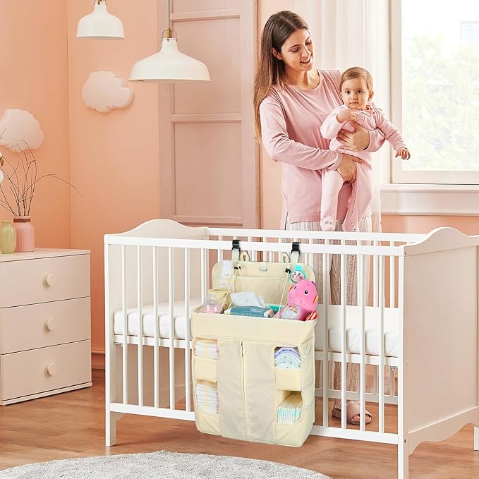 Hautton Hanging Diaper Caddy Organizer, Hanging Diaper Organizer for Changing Table and Crib, Diaper Changing Station Organizer Storage for Nursery Baby Stuff, Shower Gift for Newborn New Mom -Beige