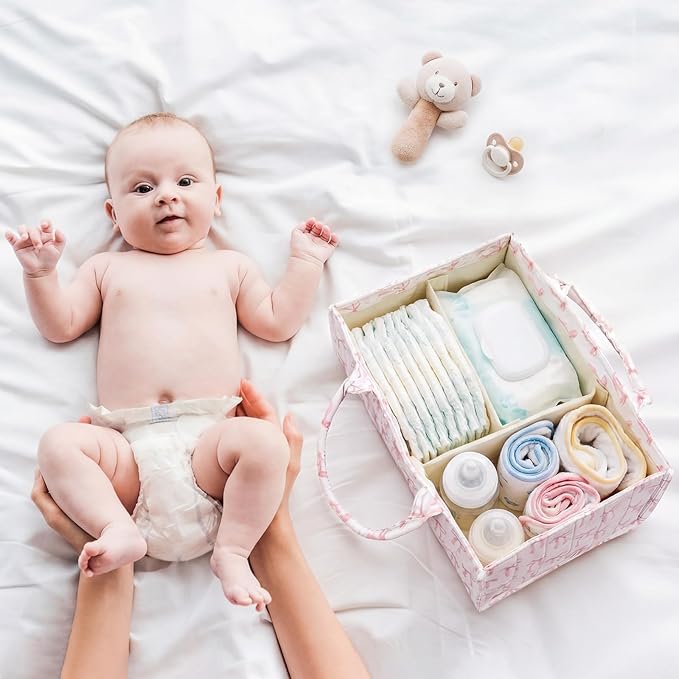 Shinylin Diaper Caddy Organizer with Pink Bow Portable Nursery Storage Basket with Handles and Removable Dividers Cute Storage Bin for Organizer Diaper Caddy Baby Wipes Baby Shower Gifts