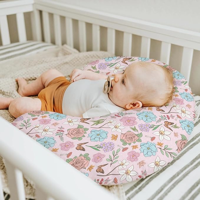 Vintage Wildflowers Baby Nursing Pillow Covers for Boy Girl Pink Floral Leaves Mushroom Butterflies Nursery Pillowcase for Breastfeeding Pillows Spring Garden Soft Stretchy Slipcovers for Newborn