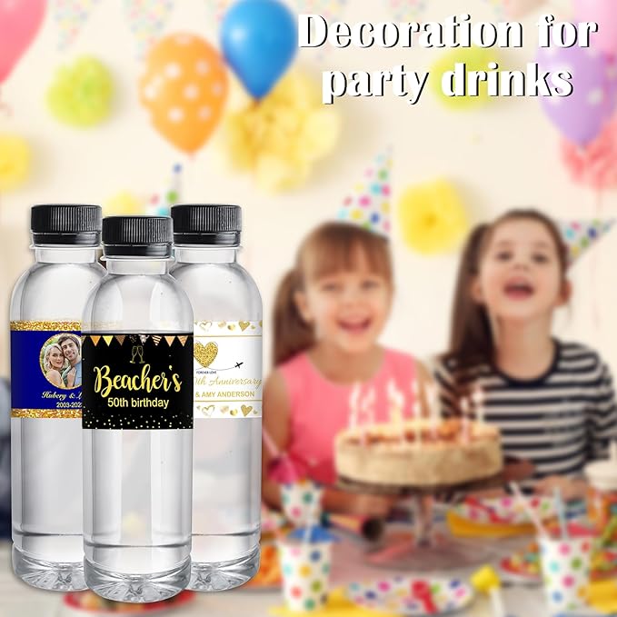 Personalized Water Bottle Labels for Birthday Anniversary Custom Happy Birthday Labels with Name for Water Bottle Stickers Waterproof Printable Photo Bottle Labels Gifts 50 Pcs