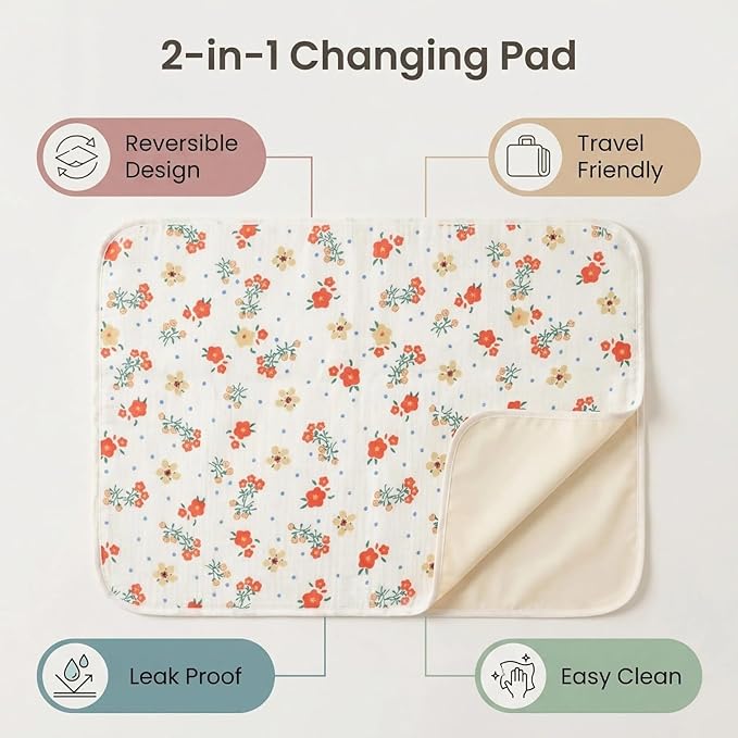 Baby Diaper Changing Pad, 19.7"x25.6" Waterproof Changing Pad Liners with 100% Muslin Cotton Front Top and Leather Back, Soft and Absorbent Portable Changing Mat for Travel, Changing Station