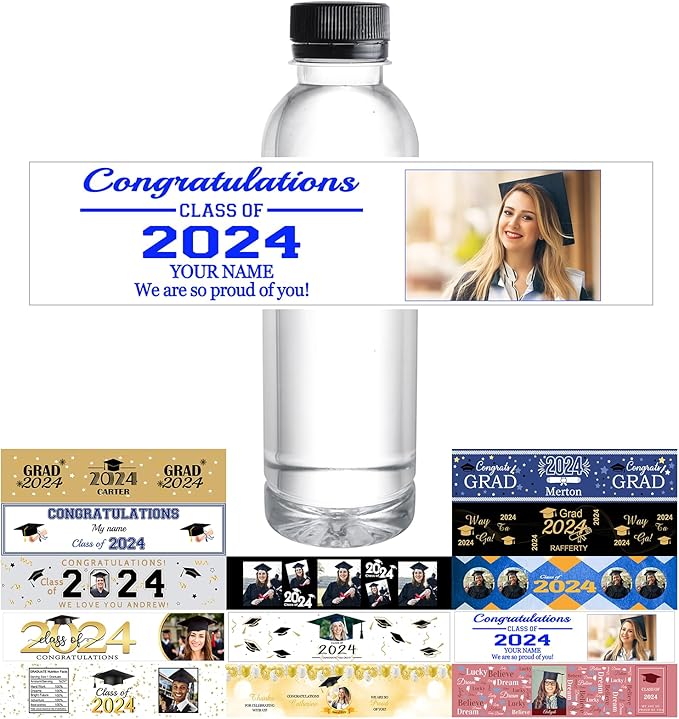 Personalized Water Bottle Labels Graduation Custom Graduation Labels with Name for Water Bottle Stickers Waterproof Printable Photo Bottle Labels Graduation Gifts 50 Pcs