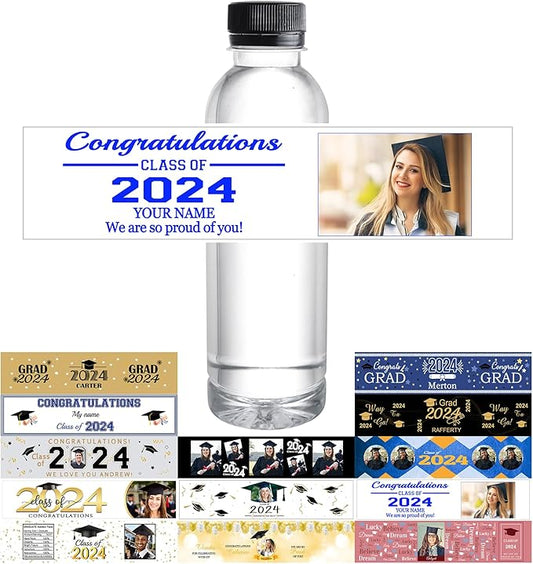 Personalized Water Bottle Labels Graduation Custom Graduation Labels with Name for Water Bottle Stickers Waterproof Printable Photo Bottle Labels Graduation Gifts 50 Pcs