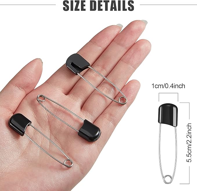 50 Pieces Diaper Pins Safety 2.2 Inch Plastic Head Cloth Diaper Nappy Pins with Locking Closures Stainless Steel with Velvet Bag(Black)