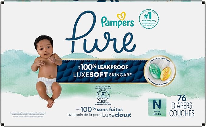 Pampers Pure Baby Diapers, Size 0 (>10 lbs), 76, Up to 100% Leakproof, Premium Hypoallergenic Soft Diapers
