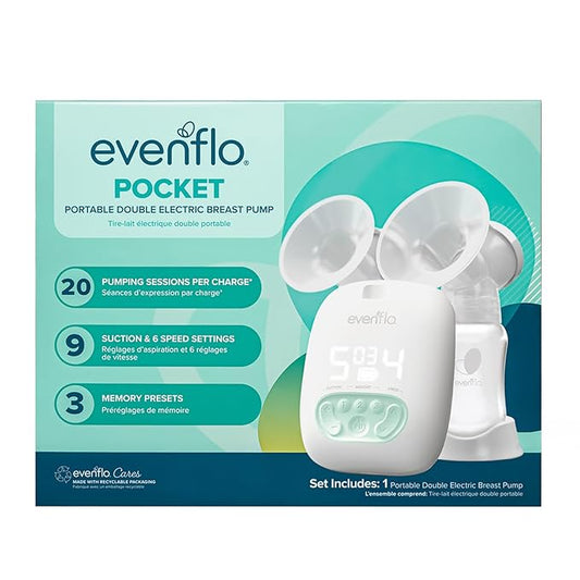Evenflo Pocket Portable Double Electric Breast Pump, White, 20 Pumping Sessions per Charge, 9 Suction Settings, 3 Memory Presets