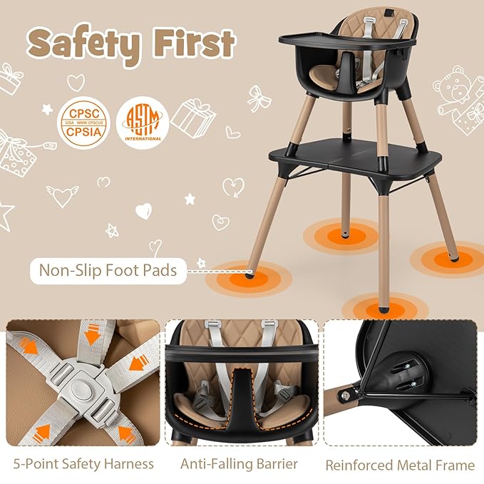 HONEY JOY 5-in-1 High Chair, Convertible Highchair for Babies and Toddlers/Kids Chair Table Set/Infant Feeding Chair w/Safety Harness, PU Leather Cushion & Removable Food Tray (Coffee)