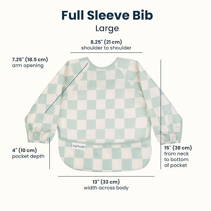 Tiny Twinkle Long Sleeve Bib for Babies & Toddlers | Waterproof Smock Bib for Eating | Machine Washable & Mess-Proof Feeding Essentials | Newborn Shower Gift (Checkers Sage, 2-4Y)