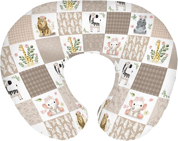 Boho Safari Animals Baby Nursing Pillow Covers for Boy Girl Lion Elephant Zebra Hippo Floral Leaves Nursing Pillowcase for Breastfeeding Pillows African Jungle Zoo Soft Stretchy Slipcovers for Infant