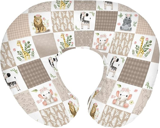 Boho Safari Animals Baby Nursing Pillow Covers for Boy Girl Lion Elephant Zebra Hippo Floral Leaves Nursing Pillowcase for Breastfeeding Pillows African Jungle Zoo Soft Stretchy Slipcovers for Infant
