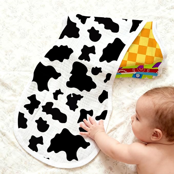 5 Pack Baby Burp Cloths, Soft Muslin Cotton Toy Story Inspired Theme Burp Cloths, Super Absorbent Rocket & Cow Print Washcloths, Newborn Baby Boy Girl Essentials Gift Set