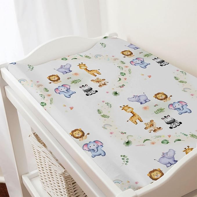 Jungle Safari Animals Tropical Leaves Flowers Changing Pad Covers Lion Elephant Zebra Giraffe Hippo Diaper Change Table Sheets for Girl Boy Soft Stretchy Fitted Changing Mat Sheets 32''x16''