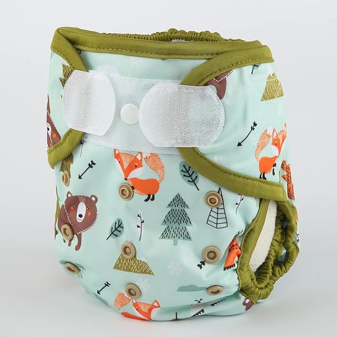 Baby Cloth Diaper Cover Nappy Hook and Loop Double Gusset 6.6lbs to 33lbs (Teepee Bears Foxes) One Size