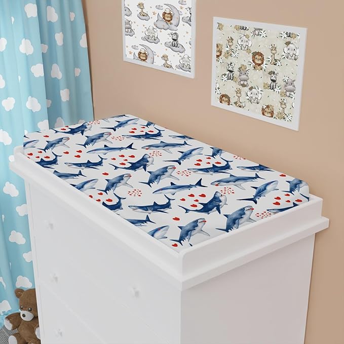 Sea Shark Hearts Changing Pad Cover Marine Ocean Animal Shark Love Baby Change Table Pad Cover for Boys Girls Soft Stretchy Fitted Diaper Changing Mat Sheets 32''x16''