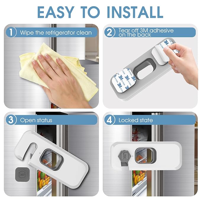 2 Pack Fridge Locks with Self Adhesive, Refrigerator Latch for Kids, Toddlers and Children, Child & Baby Proofing Freezer Door Lock for, Cabinets and Drawers, Oven, Windows
