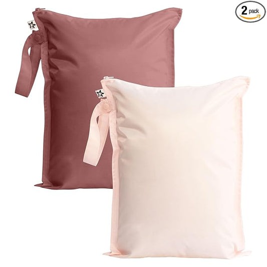 Tiny Twinkle Mess Proof Wet Bags | 2-Pack Reusable Waterproof Wet Bags for Swimsuits | Baby Clothes | Travel & Diaper Bag (Rose, Burgundy)