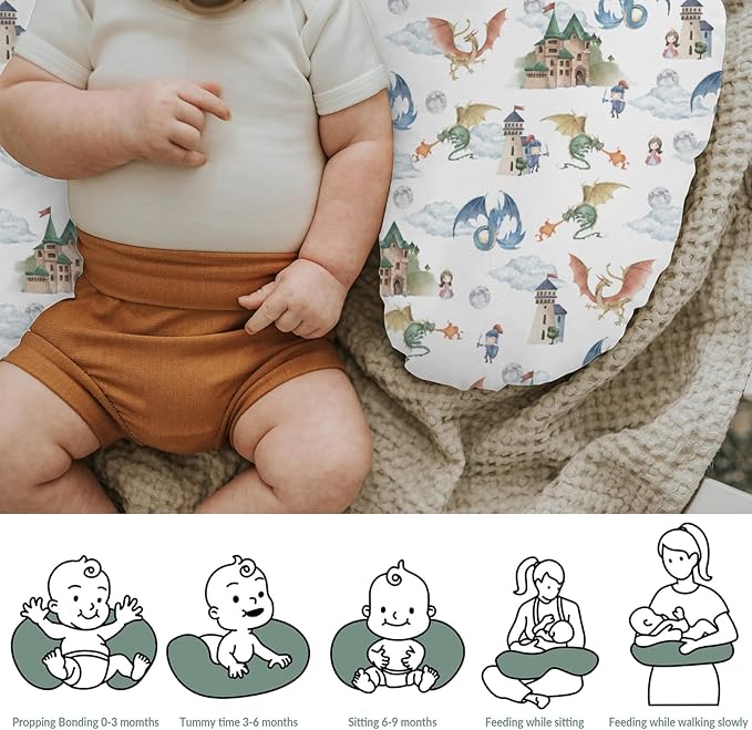 Fairytale Dragon and Knights Baby Nursing Pillow Covers for Boy Girl Fantasy Dragons Princess Castle Nursing Pillowcase for Breastfeeding Pillows Moon Clouds Soft Stretchy Slipcover for Newborn Infant