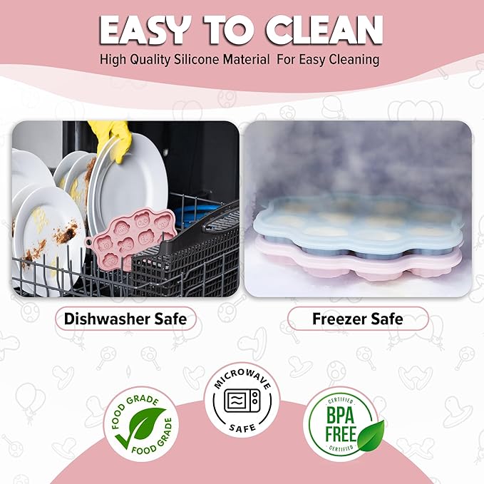 Set 1 : O’doe Silicone Baby Popsicle Molds & 1 Baby Food Feeders with 1 Clip, 1-Pack Freezer Tray with Lid, 10-Hole Popsicle Molds for Teething Relief, Includes 3 Extra Pacifiers, BPA Free (Pink)