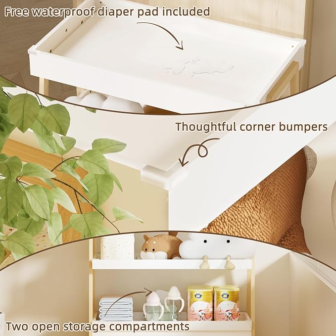 KORIMEFA Baby Changing Table with Two Open Shelves for Infant Daycare Essentials Storage - White with Natural Wood Legs