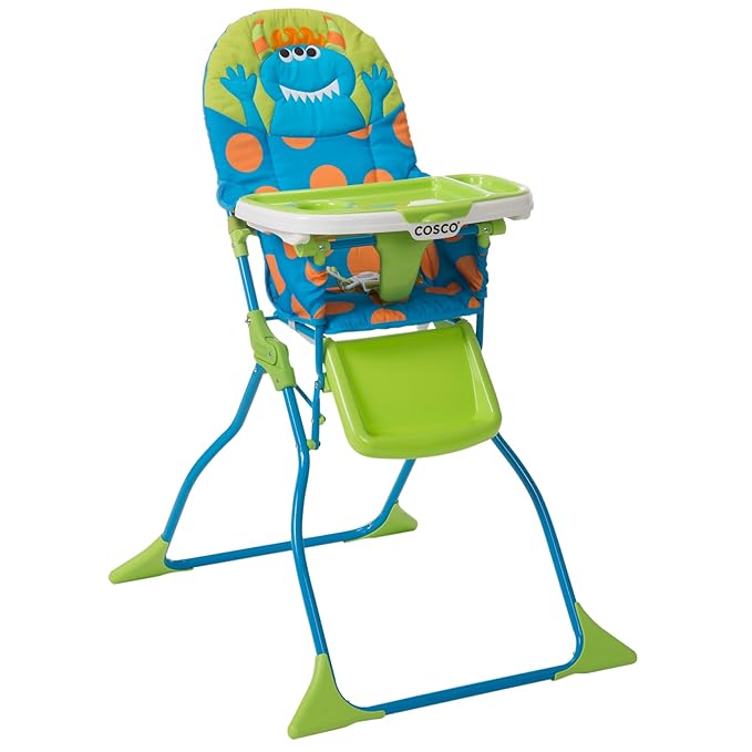 Cosco Simple Fold Full Size High Chair with Adjustable Tray, 28.5x23.5x38.7 Inch (Pack of 1) & Simple Fold Deluxe High Chair with 3-Position Tray, Monster Syd