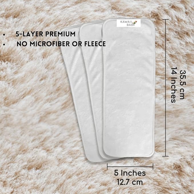 KaWaii Baby Premium Label Cloth Diaper Insert, 5-Layer, Washable, Reusable Booster, use with One Size Cloth Diaper - Pack of 10 Inserts
