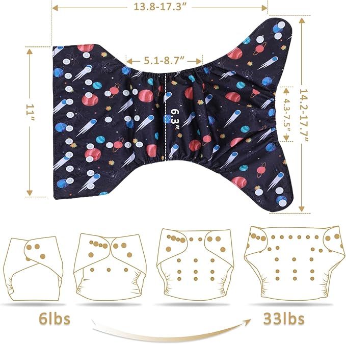 TDIAPERS Cloth Diapers Reusable Washable Pocket Diapers Cover One Size Adjustable for Baby Snaps Cloth Diapers Nappy 6 Pack with 6 Pcs Microfiber Inserts,1 Wet Bag