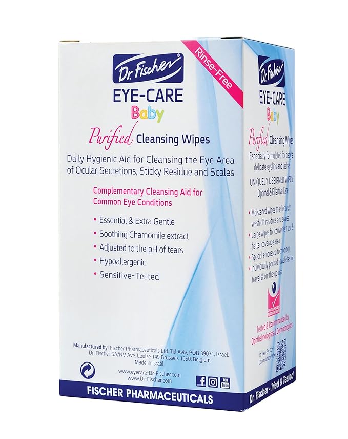 Purified, Non Irritating, Tear Free, Hypoallergenic & Sensitive Approved Baby Eyelid Wipes by Dr. Fischer – Pre-moistened, Rinse Free and Pediatrician Recommended - (30)