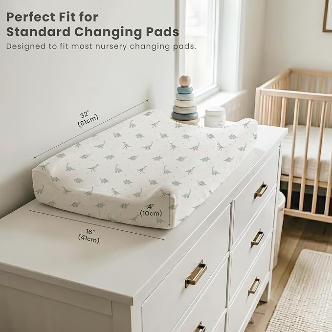 Konssy Silky Soft Changing Pad Cover 3 Pack, Ultra-Stretchy Diaper Changing Table Sheets, Breathable Snug Fit for Standard 32" x 16" Contoured Pads, Boho Neutral Sheets for Boys & Girls (Green Dino)