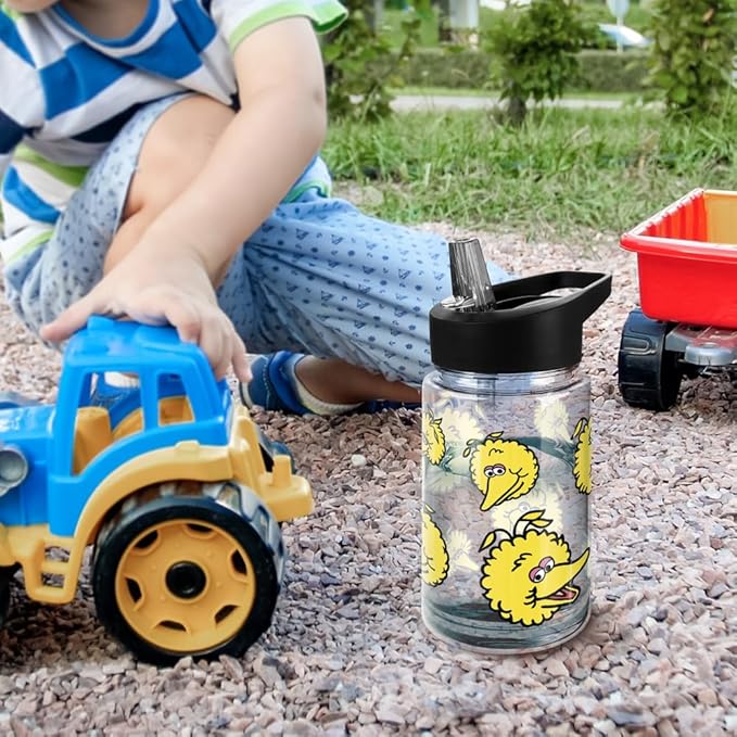 LOGOVISION Sesame Street Kids Tritan Plastic Water Bottle with Straw Lid and Handle, Reusable Tumbler for Toddlers, Unisex for Girls and Boys, 12oz, Big Bird Head Pattern