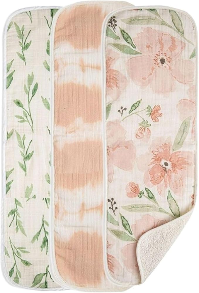 Crane Baby Muslin Baby Burp Cloths, Lightweight Absorbent Burp Cloth, Pink Floral, Set of 3, 7” x 20”, Newborn Baby Essentials, Burp Cloths Baby Boy, Burp Cloths Baby Girl, Baby Newborn Essentials