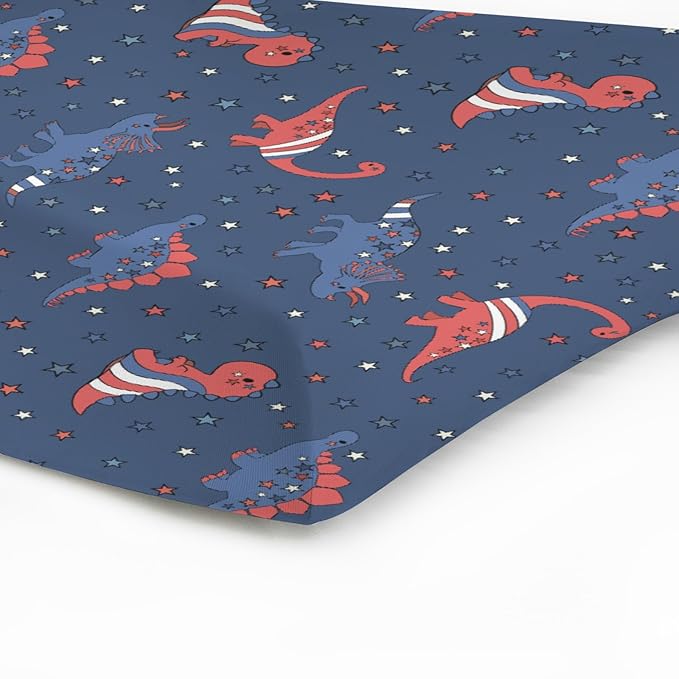 Patriotic Dinosaurs Baby Changing Pad Covers for Boy Girl 32''x16'' Cartoon Dinosaur American Flag Stars Unisex Fitted Diaper Changing Table Sheets Comfort Soft Breathable Baby Changing Table Mats