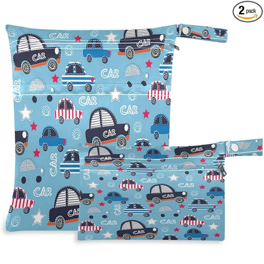 visesunny Funny Car with Stripe Blue 2Pcs Wet Bag with Zippered Pockets Washable Reusable Roomy for Travel,Beach,Pool,Daycare,Stroller,Diapers,Dirty Gym Clothes, Wet Swimsuits, Toiletries